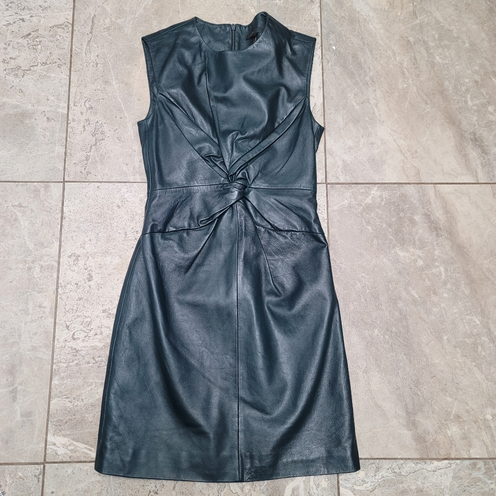 Maje Twist-front Lamb Leather Mini Dress Dark Green Sleeveless - Picture 5 of 9